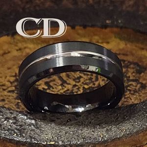 Men's Real Black Tungsten Wedding Ring With A Silver Filled Center Groove